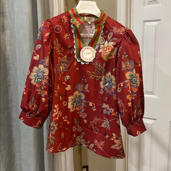 Umgee Tops - NEW Umgee Burgundy Floral Blouse with Red Green Trim Sz M but fits small